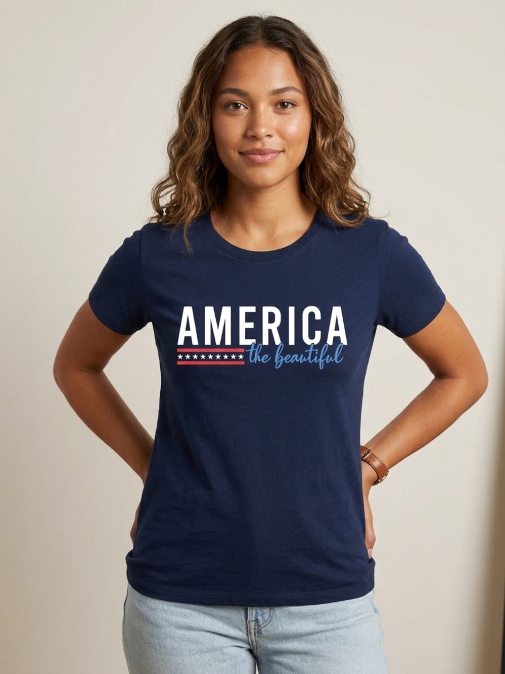Way to Celebrate! Patriotic Short Sleeve Tee - Navy Blue, America the Beautiful